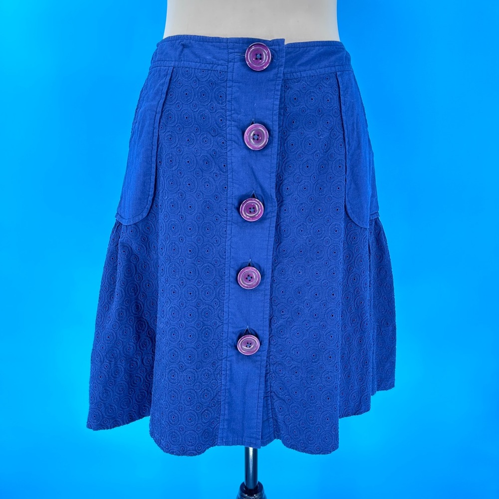 Odille Anthropologie Blue Eyelet Cotton Button Front A-Line Skirt Size 2